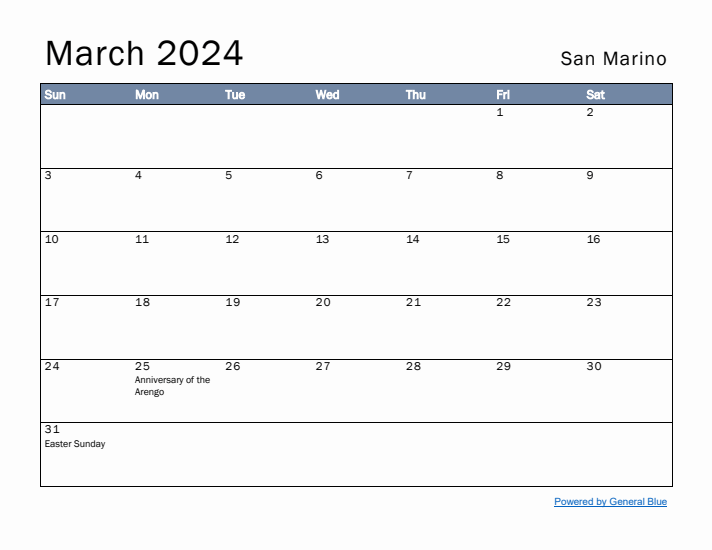 March 2024 Simple Monthly Calendar for San Marino