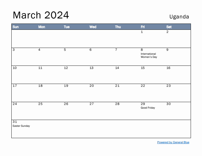 March 2024 Simple Monthly Calendar for Uganda