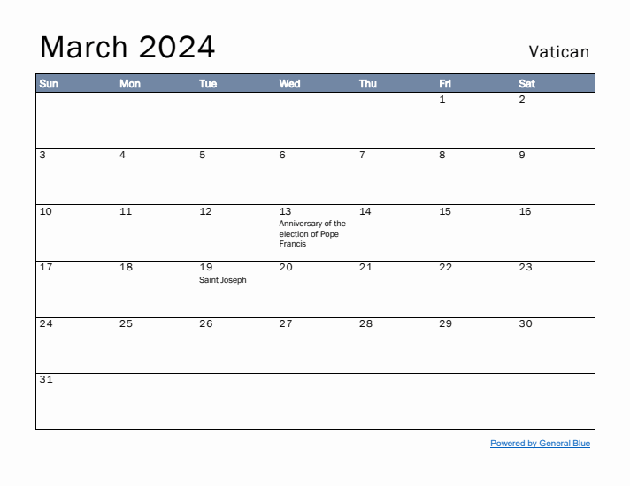 March 2024 Simple Monthly Calendar for Vatican