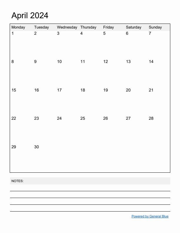 Basic Monthly Calendar Template for April 2024