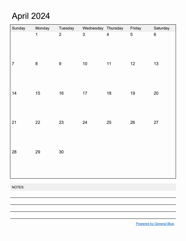 Basic Monthly Calendar Template for April 2024