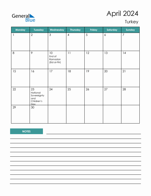 Calendar with Notes Printable - Monday Start