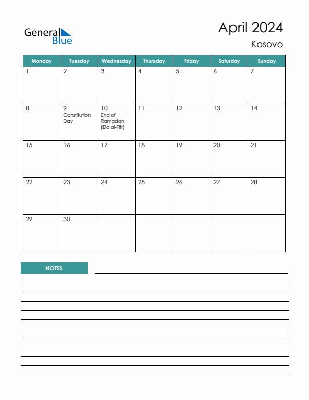 Calendar with Notes Printable - Monday Start