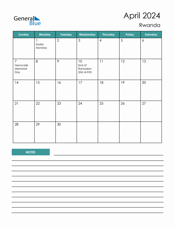 Calendar with Notes Printable - Sunday Start