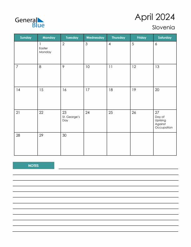 Calendar with Notes Printable - Sunday Start