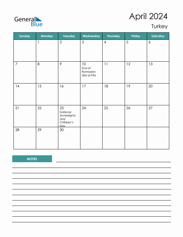 Calendar with Notes Printable - Sunday Start