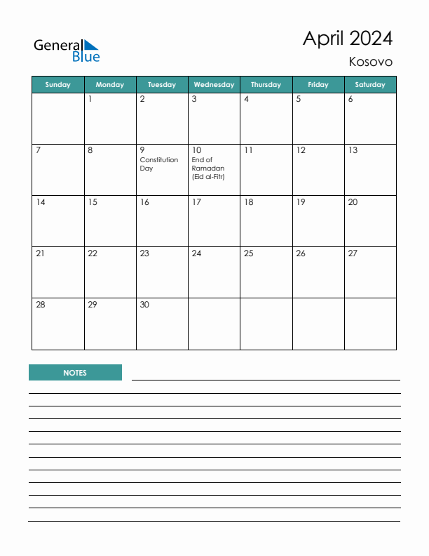 Calendar with Notes Printable - Sunday Start