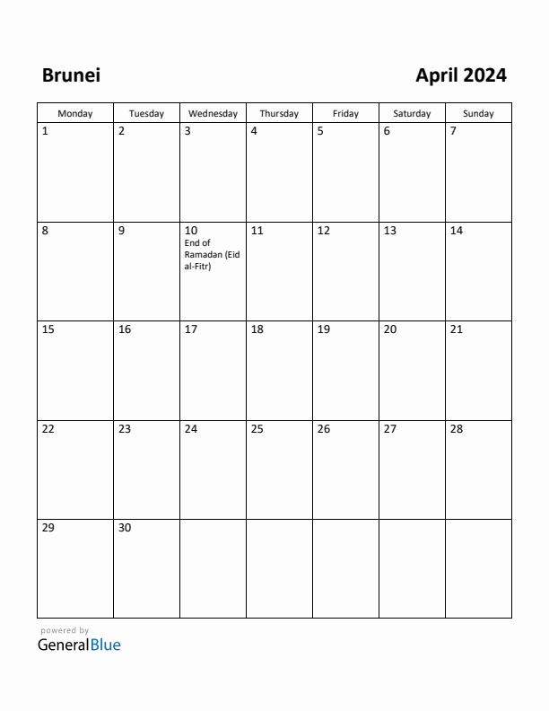 April 2024 Calendar with Brunei Holidays