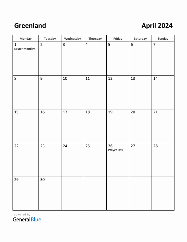 April 2024 Calendar with Greenland Holidays