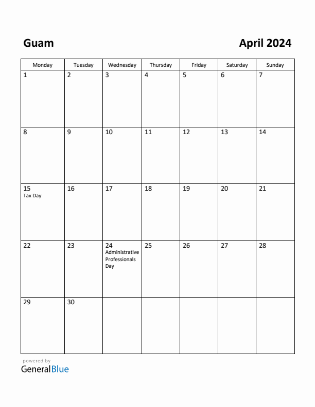 April 2024 Calendar with Guam Holidays