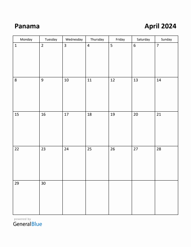 April 2024 Calendar with Panama Holidays