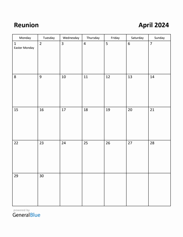 April 2024 Calendar with Reunion Holidays