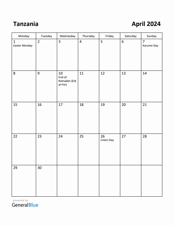 April 2024 Calendar with Tanzania Holidays