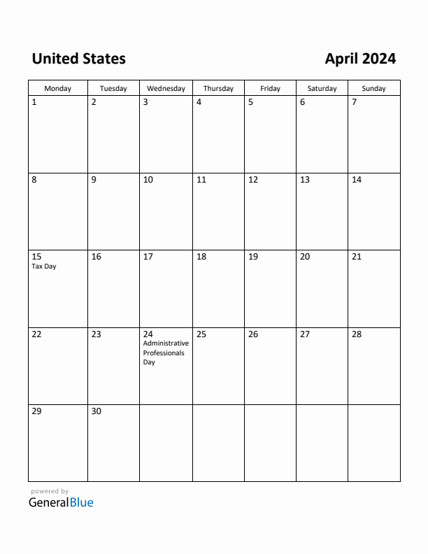 April 2024 Calendar with United States Holidays