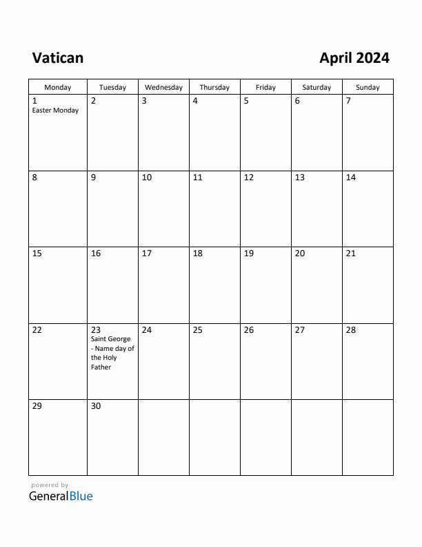 April 2024 Calendar with Vatican Holidays