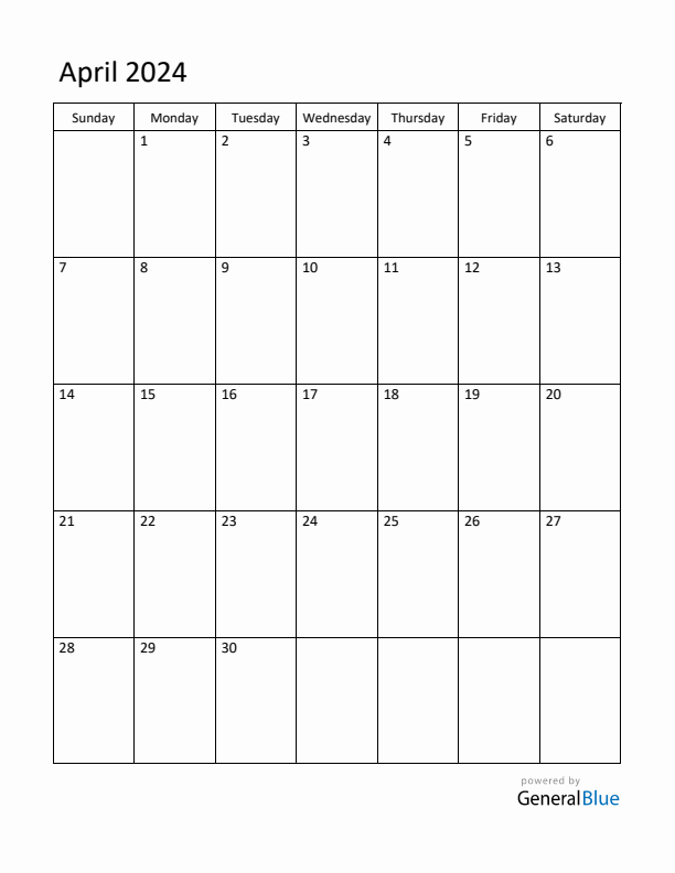 Sunday Start Calendar for April 2024