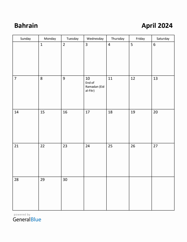 April 2024 Calendar with Bahrain Holidays