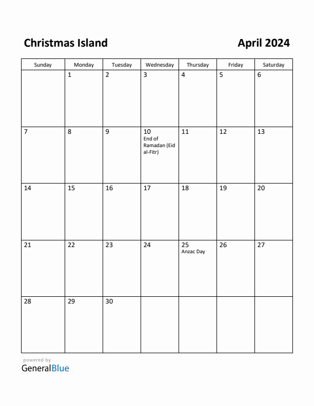 April 2024 Calendar with Christmas Island Holidays