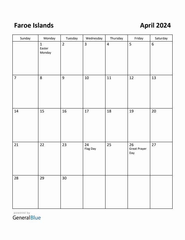 April 2024 Calendar with Faroe Islands Holidays