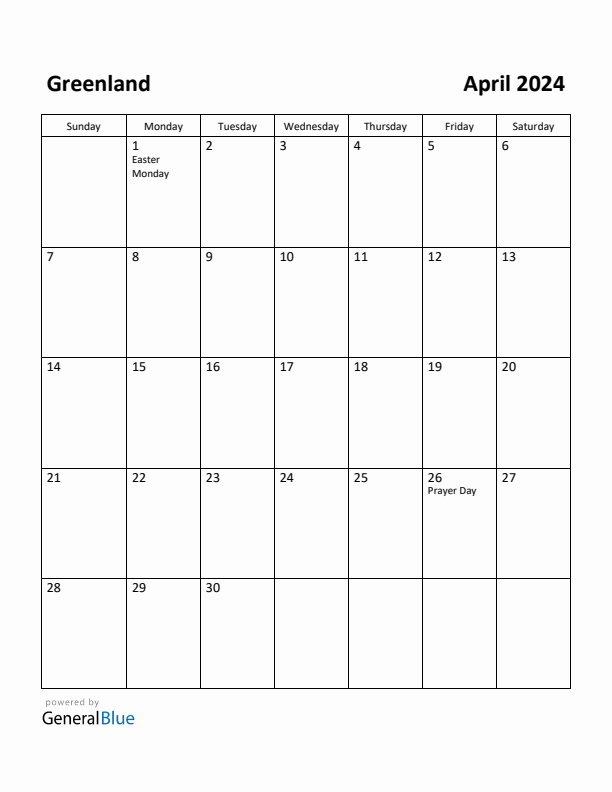 April 2024 Calendar with Greenland Holidays