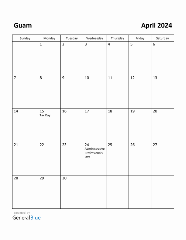 April 2024 Calendar with Guam Holidays