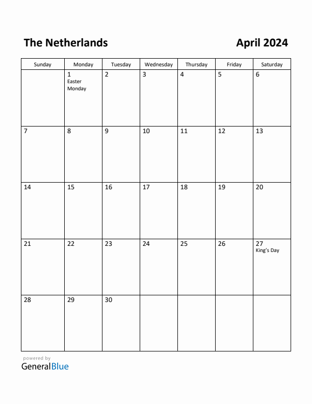 April 2024 Calendar with The Netherlands Holidays