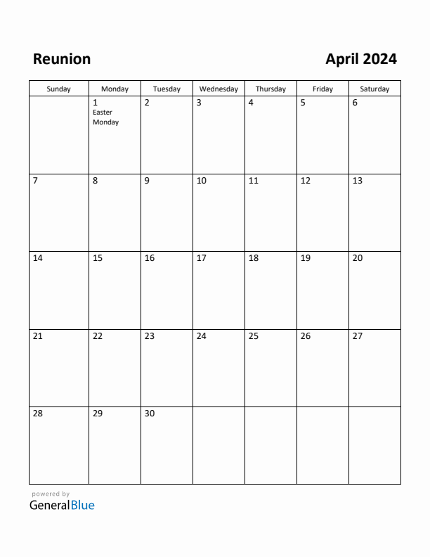 April 2024 Calendar with Reunion Holidays