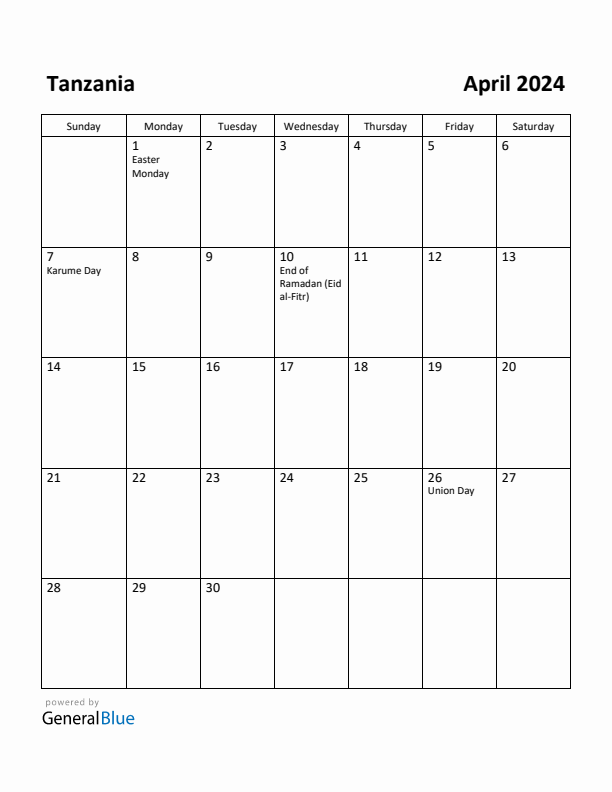 April 2024 Calendar with Tanzania Holidays