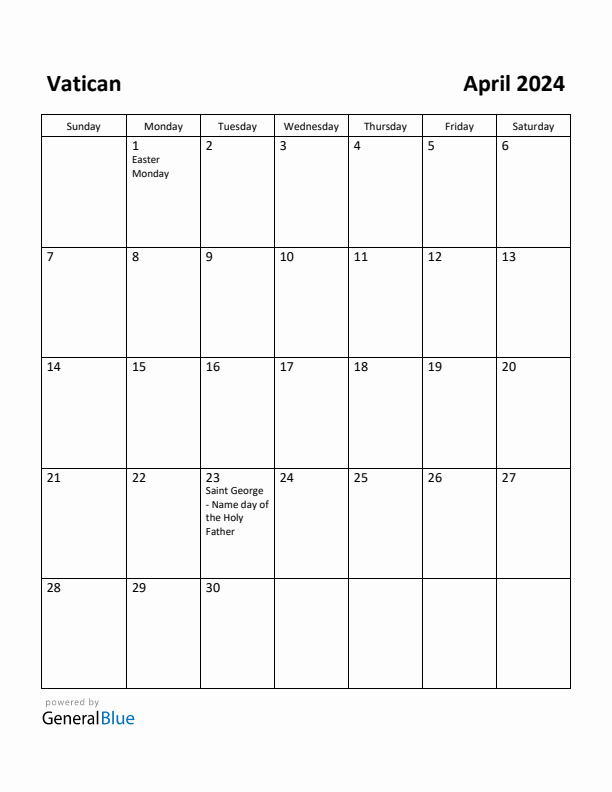 April 2024 Calendar with Vatican Holidays