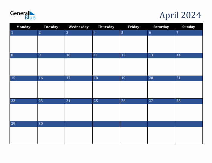 Monday Start Calendar for April 2024