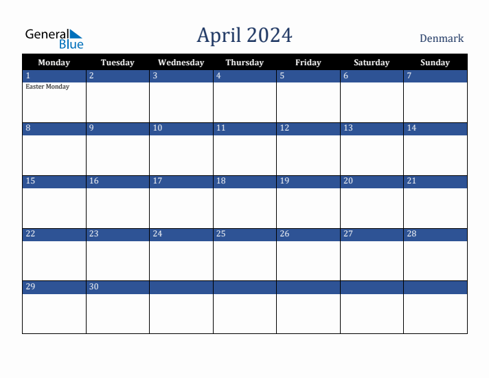 April 2024 Denmark Calendar (Monday Start)