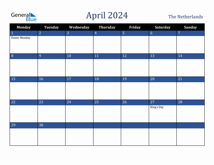 April 2024 The Netherlands Calendar (Monday Start)