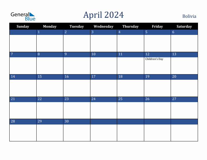 April 2024 Bolivia Calendar (Sunday Start)