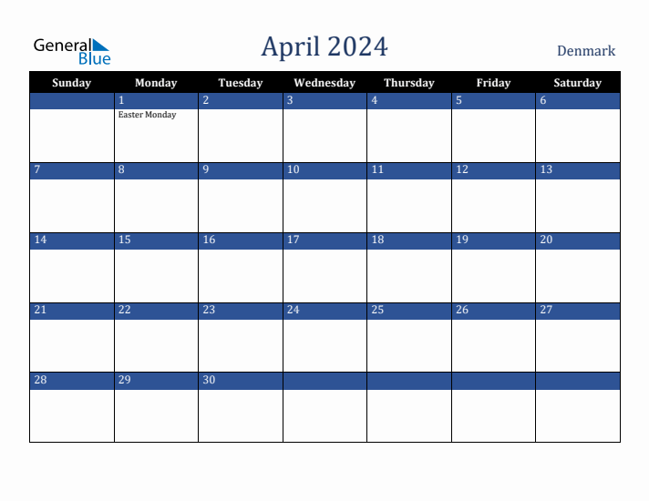 April 2024 Denmark Calendar (Sunday Start)