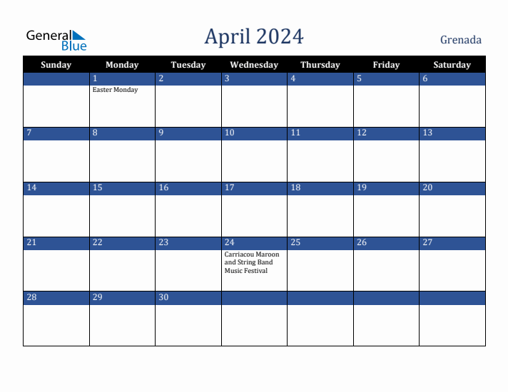 April 2024 Grenada Calendar (Sunday Start)