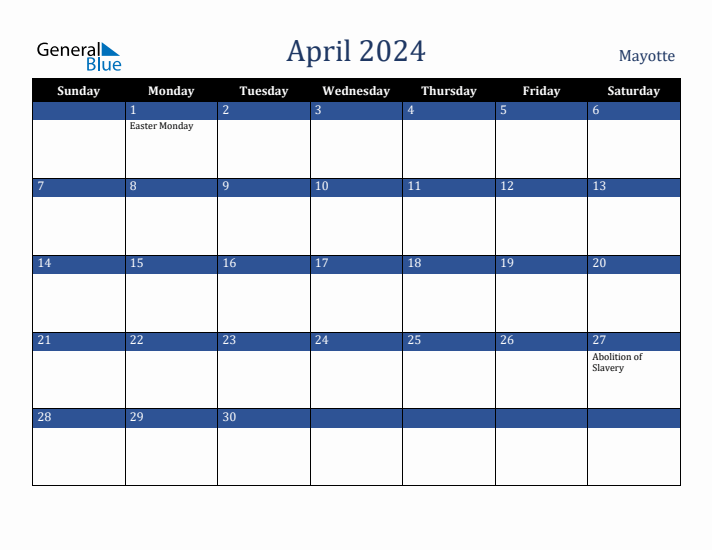 April 2024 Mayotte Calendar (Sunday Start)