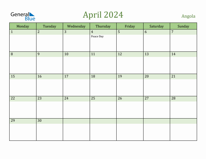 April 2024 Calendar with Angola Holidays