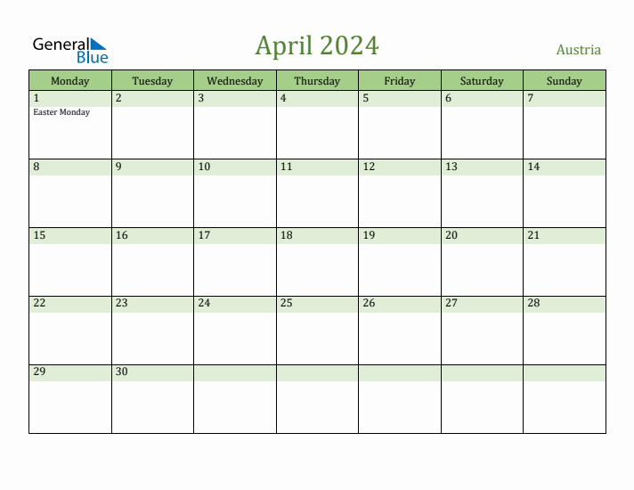 April 2024 Calendar with Austria Holidays