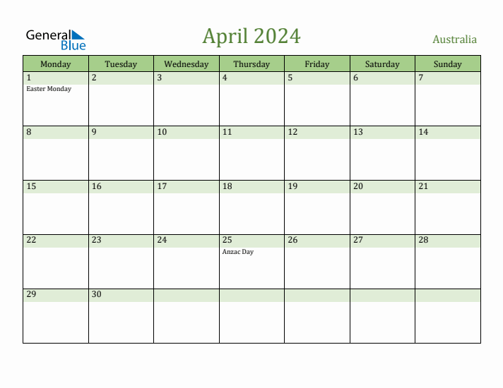 April 2024 Calendar with Australia Holidays