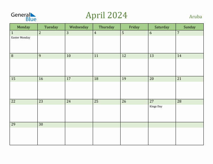 April 2024 Calendar with Aruba Holidays