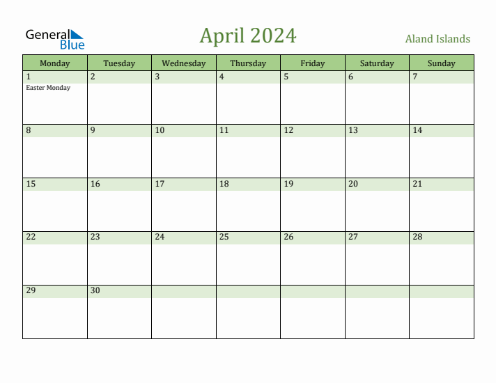 April 2024 Calendar with Aland Islands Holidays