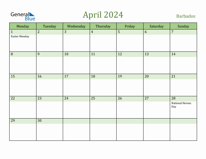 April 2024 Calendar with Barbados Holidays