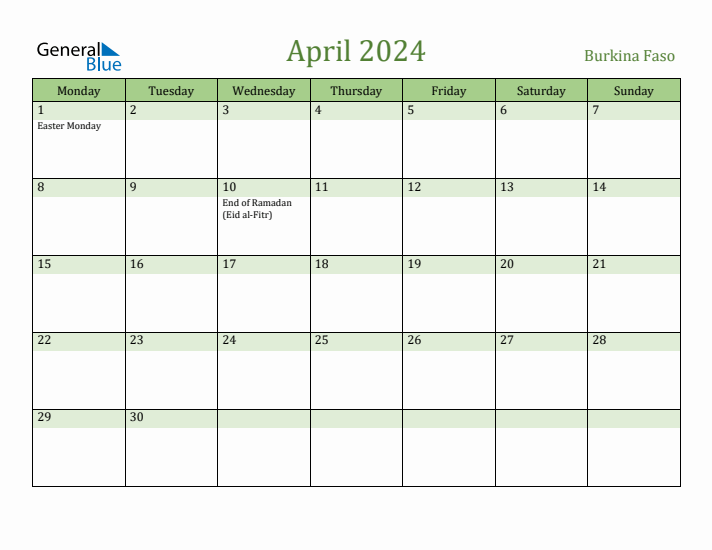 April 2024 Calendar with Burkina Faso Holidays