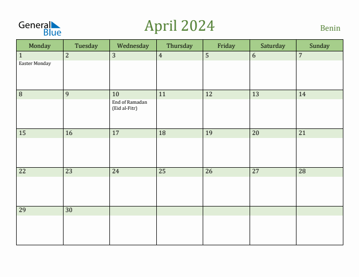 April 2024 Calendar with Benin Holidays