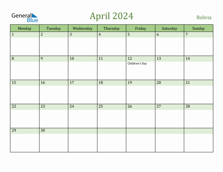 April 2024 Calendar with Bolivia Holidays