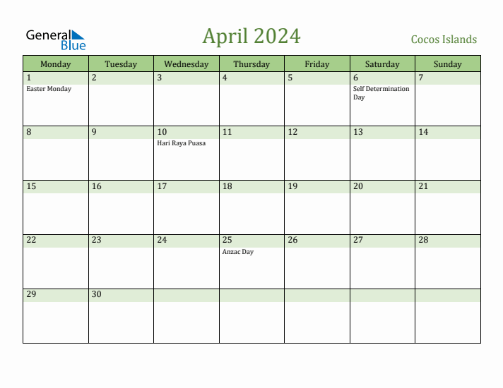 April 2024 Calendar with Cocos Islands Holidays