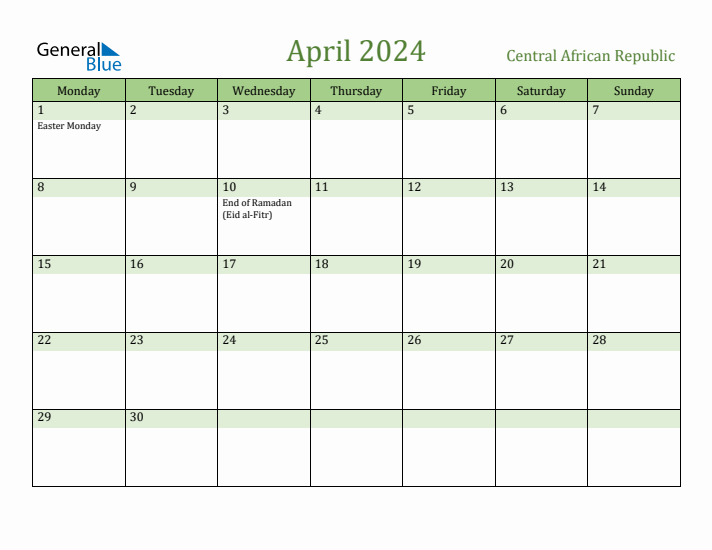 April 2024 Calendar with Central African Republic Holidays