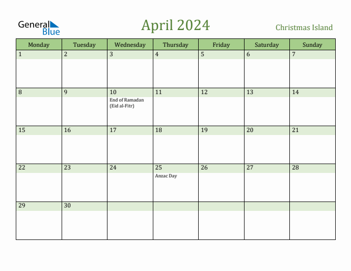 April 2024 Calendar with Christmas Island Holidays