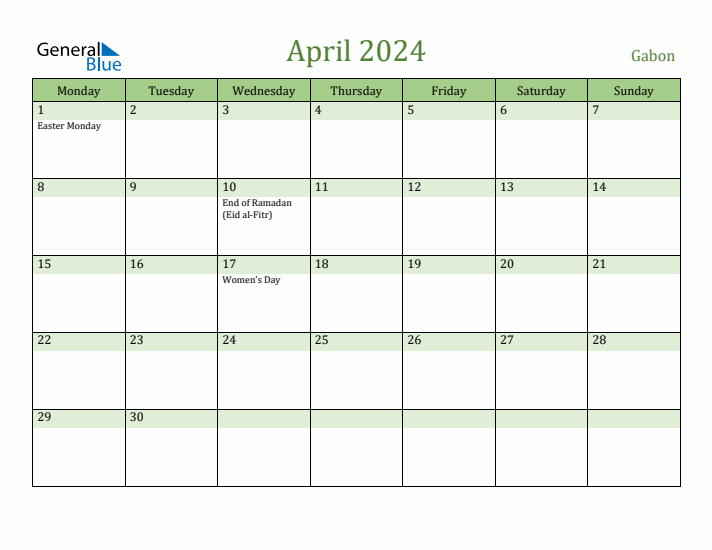 April 2024 Calendar with Gabon Holidays