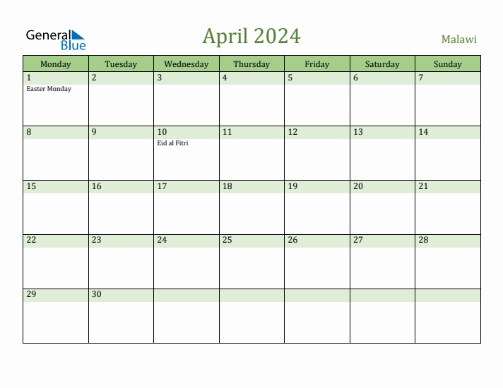 April 2024 Calendar with Malawi Holidays